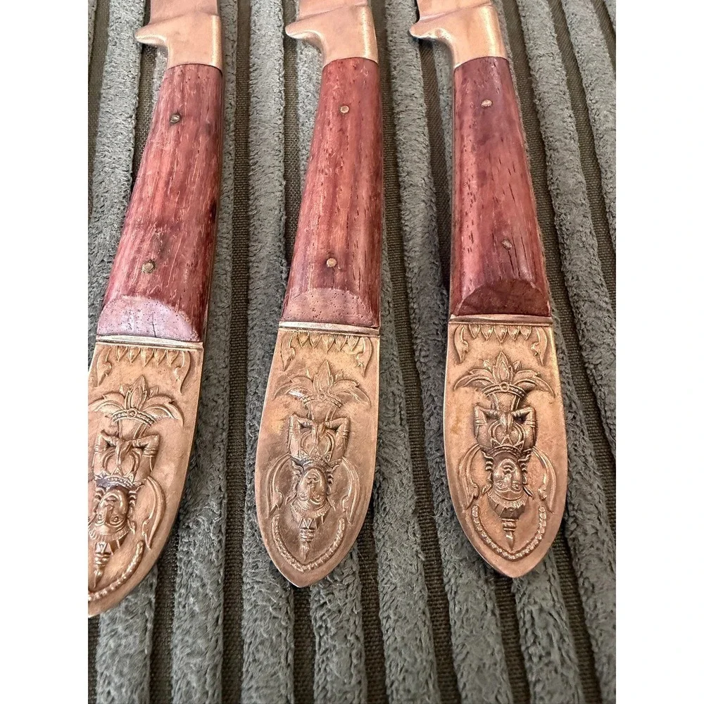 Vintage Set of 8 Beng Hwa Made in Siam Brass Handle Wood Blade‎ Steak Knives MCM
